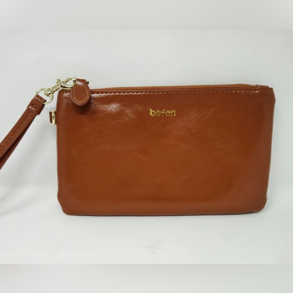 Befen Women's Genuine Italian Leather Wristlet Clutch Wallet Purse Gold Zipper